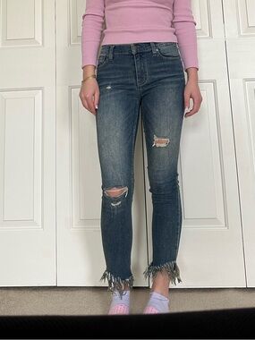 Free People Distressed Dark Wash Skinny Jeans with Frayed Hem